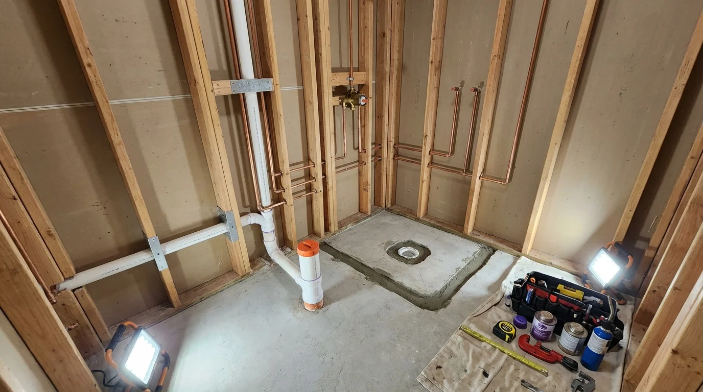 Bathroom rough-in plumbing during remodel by Johns Plumbing LLC in Hayes Center