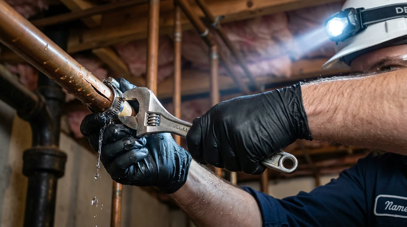 Emergency pipe clamp repair being performed by a Johns Plumbing LLC plumber in Hayes Center