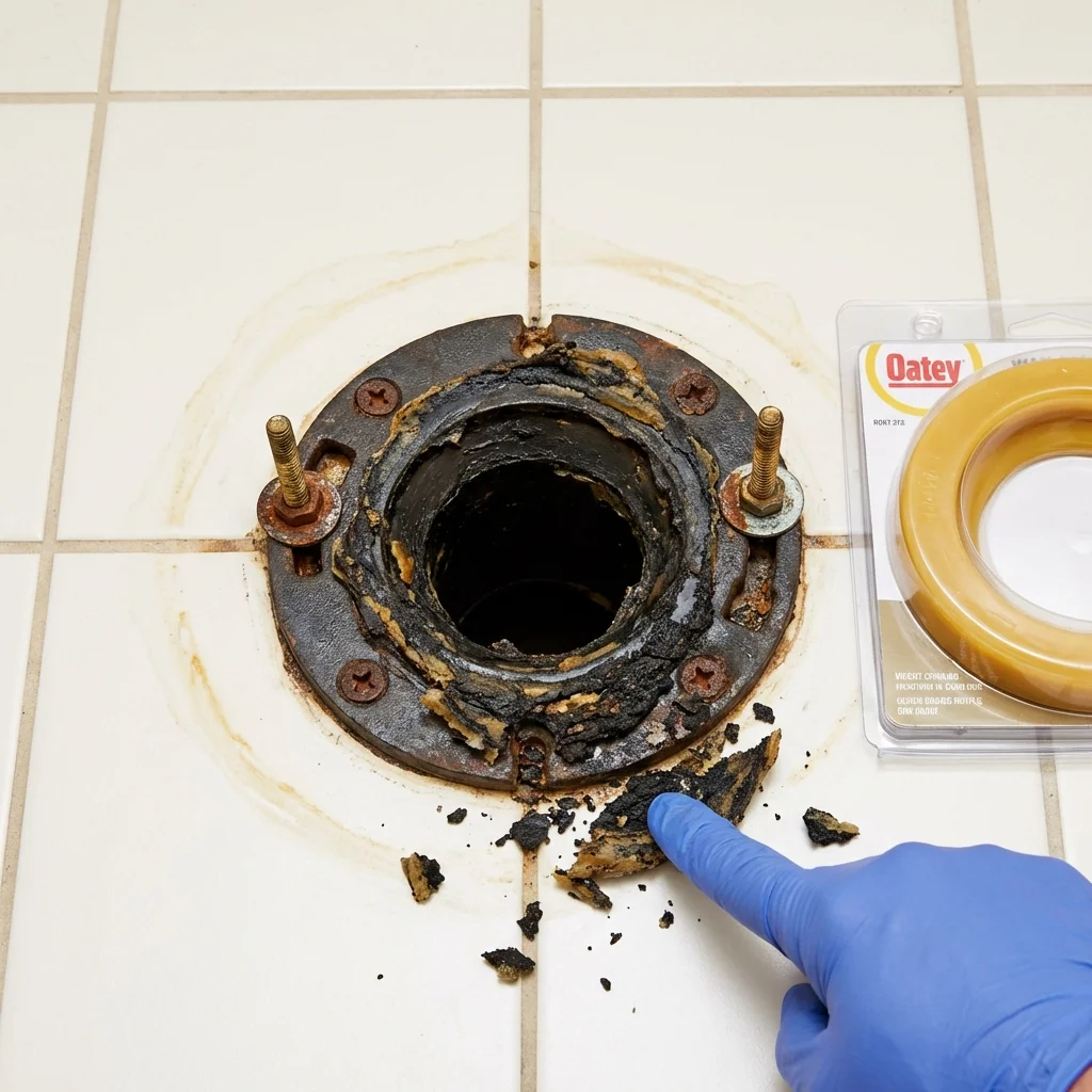 Failed wax ring showing water seepage at the base of a toilet in a Hayes Center, NE home