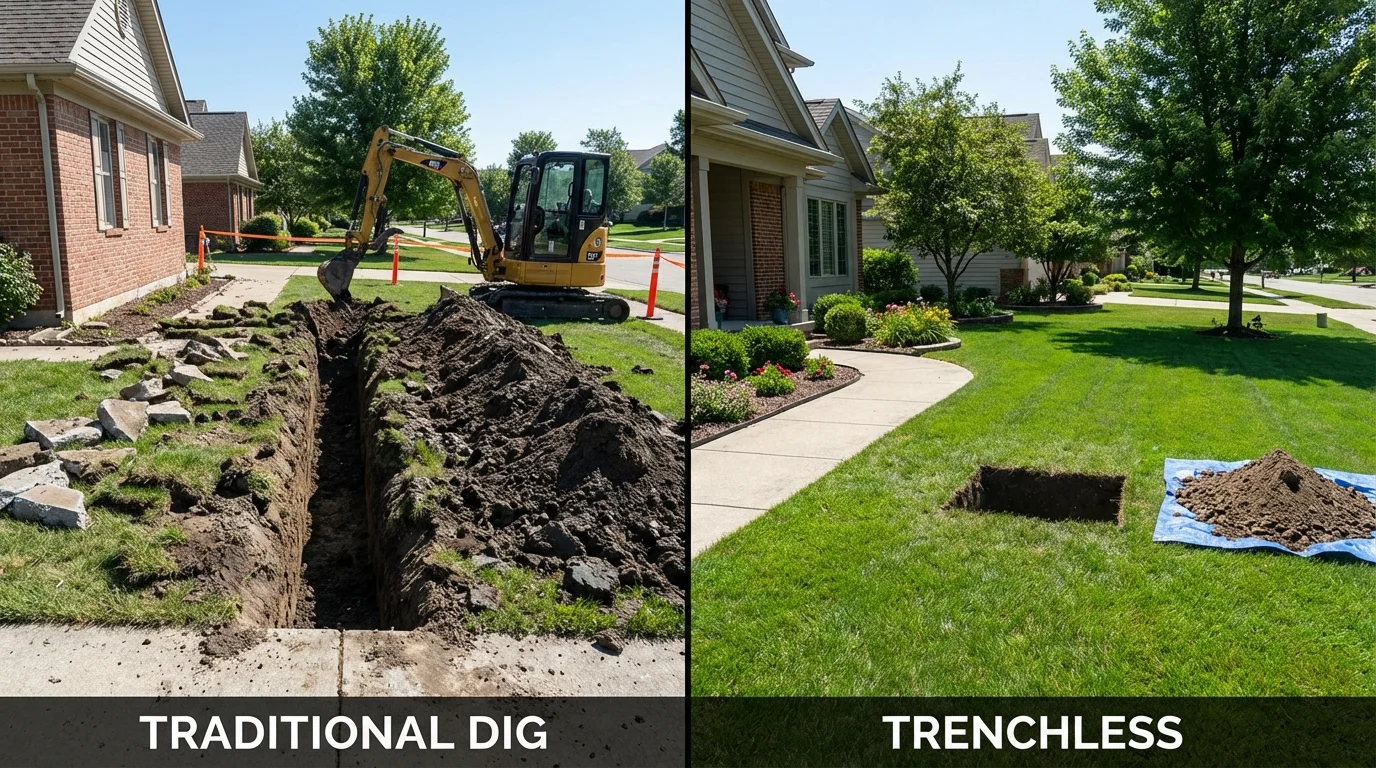 Trenchless sewer repair with minimal yard damage versus traditional excavation in Hayes Center, NE